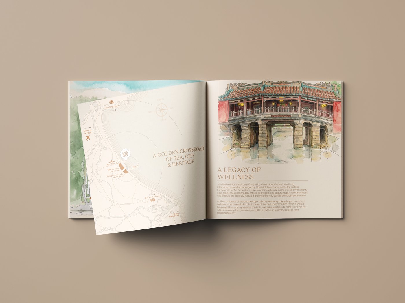 Close detail of the brochure’s cover monogram and typography