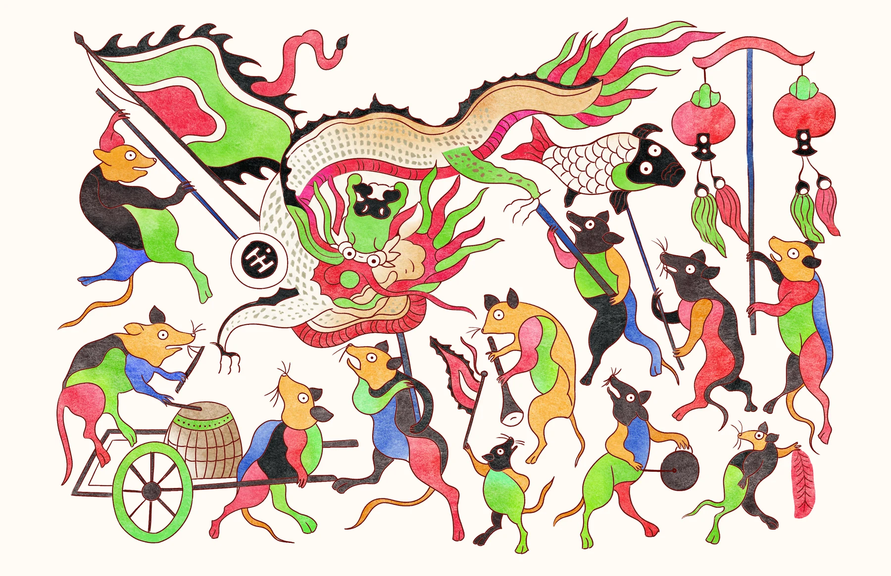 Chuot Mua Rong — Master folk woodcut depicting the satirical mice dragon procession with lanterns and drums