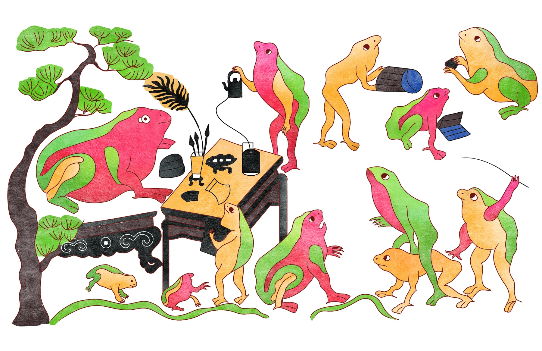 Thay Do Coc — Satirical woodcut showing Master Frog lecturing his pupils