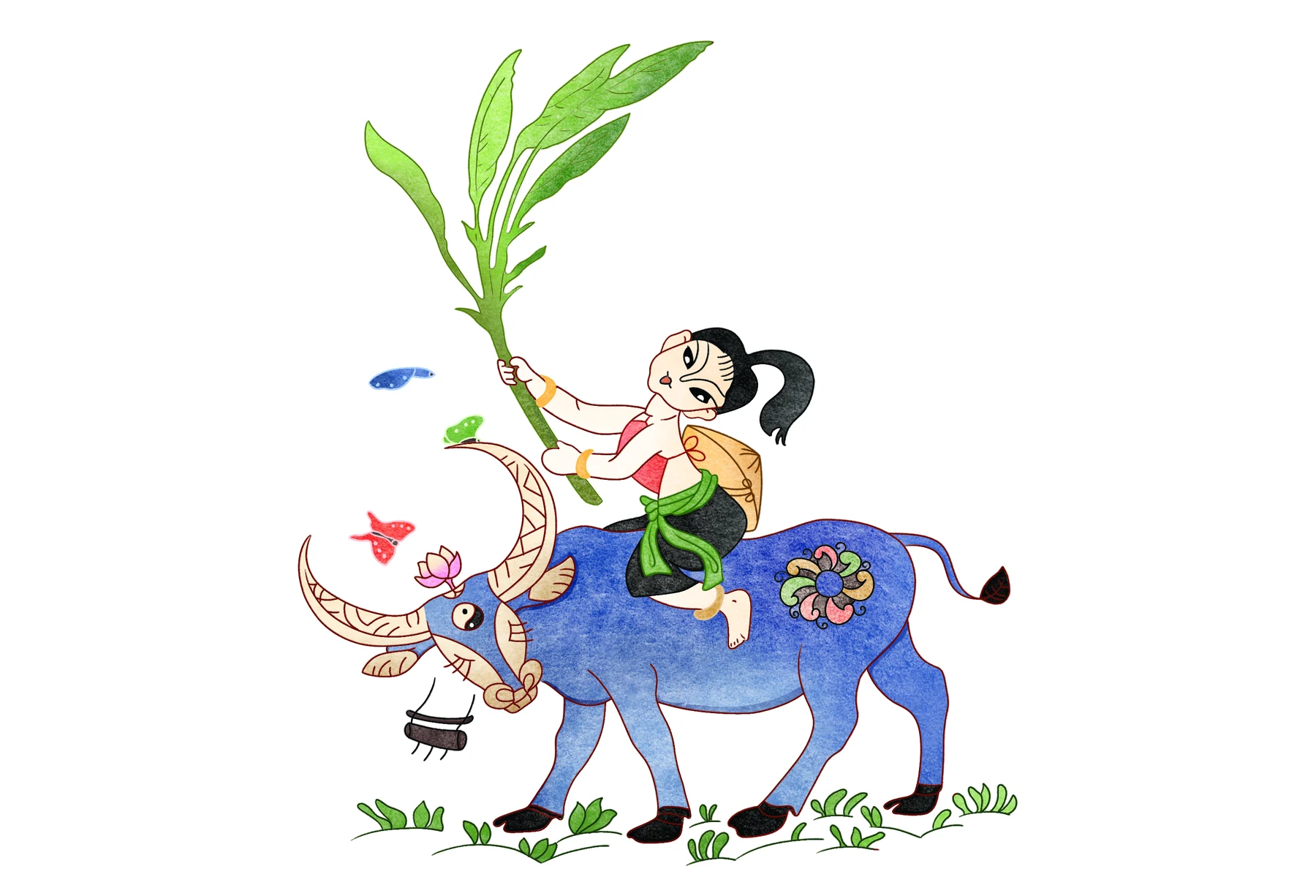 Muc Dong Hoc Bai — Herd boy reclining atop water buffalo with lotus leaf and butterflies