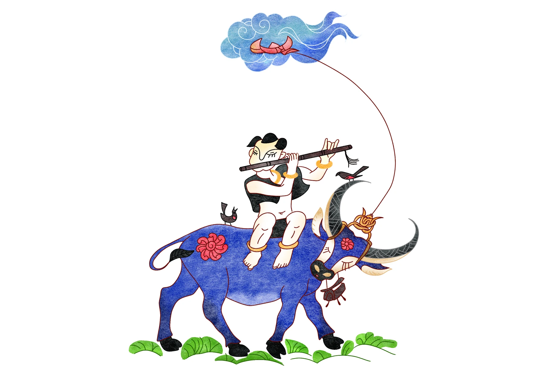 Muc Dong Thoi Tieu Tha Dieu — Herd boy piping flute and flying kite atop water buffalo
