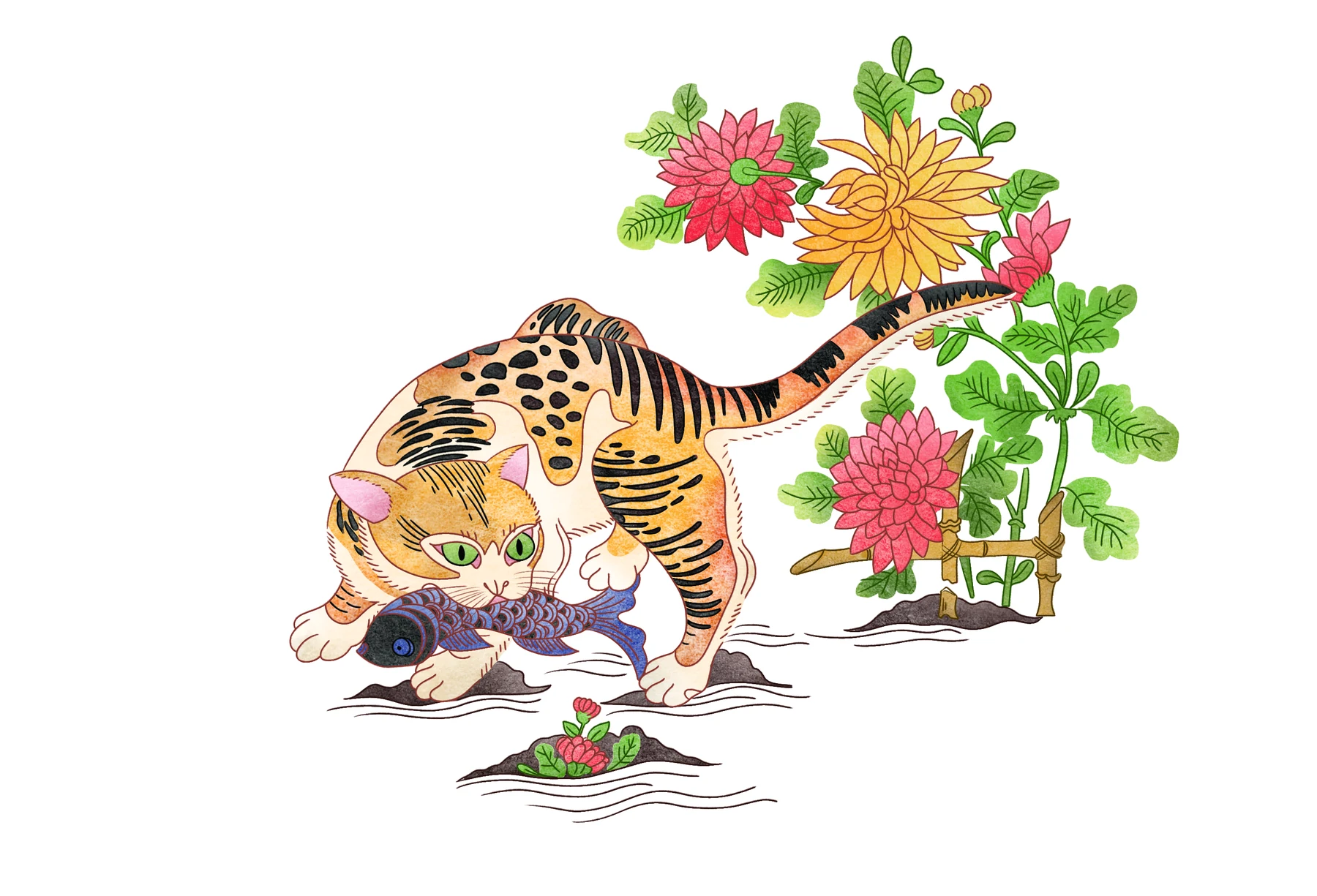 Meo Bat Ca — Striped cat catching fish by garden chrysanthemum blooms