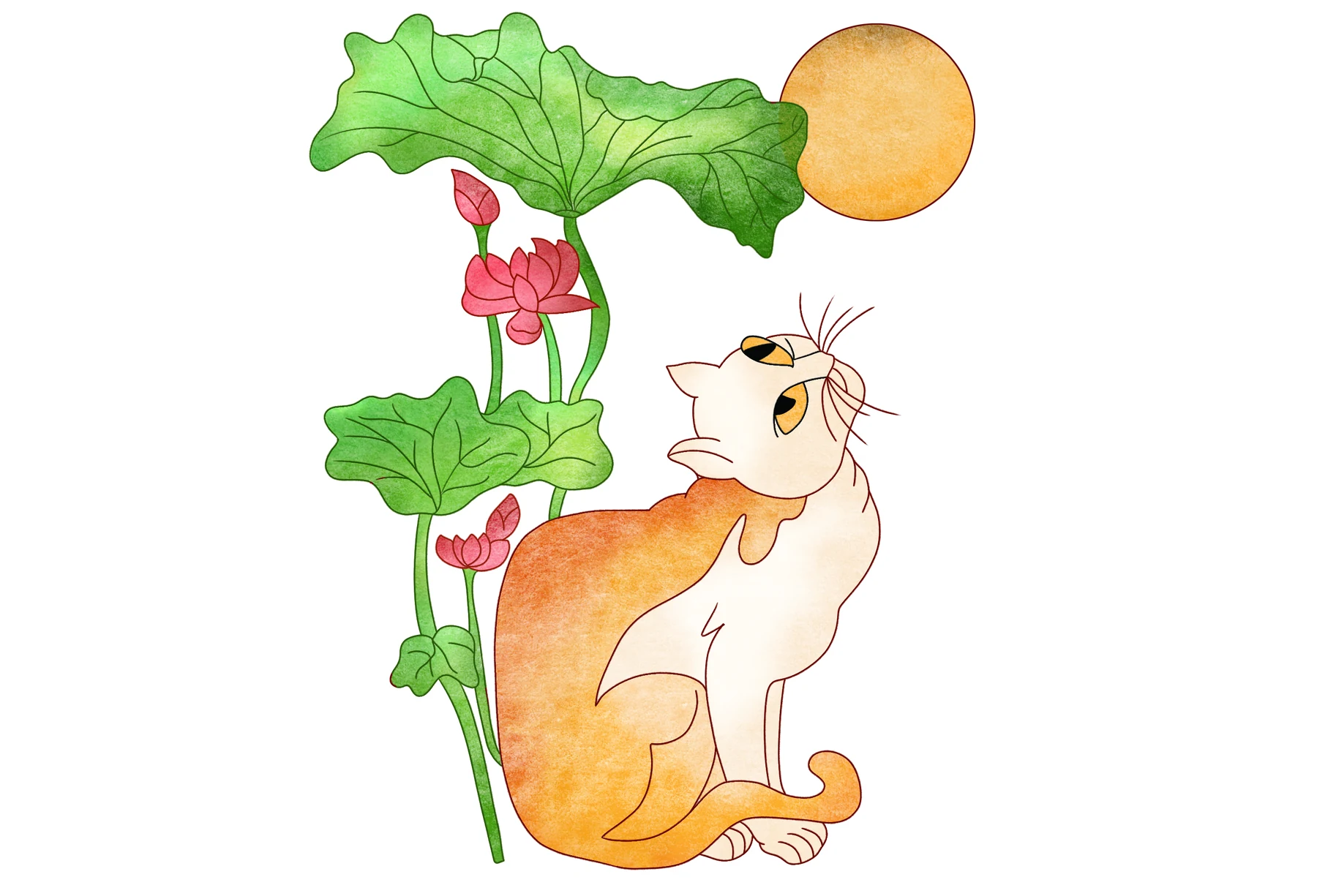 Meo Ngam Trang — Ginger cat gazing at full harvest moon beneath lotus leaves