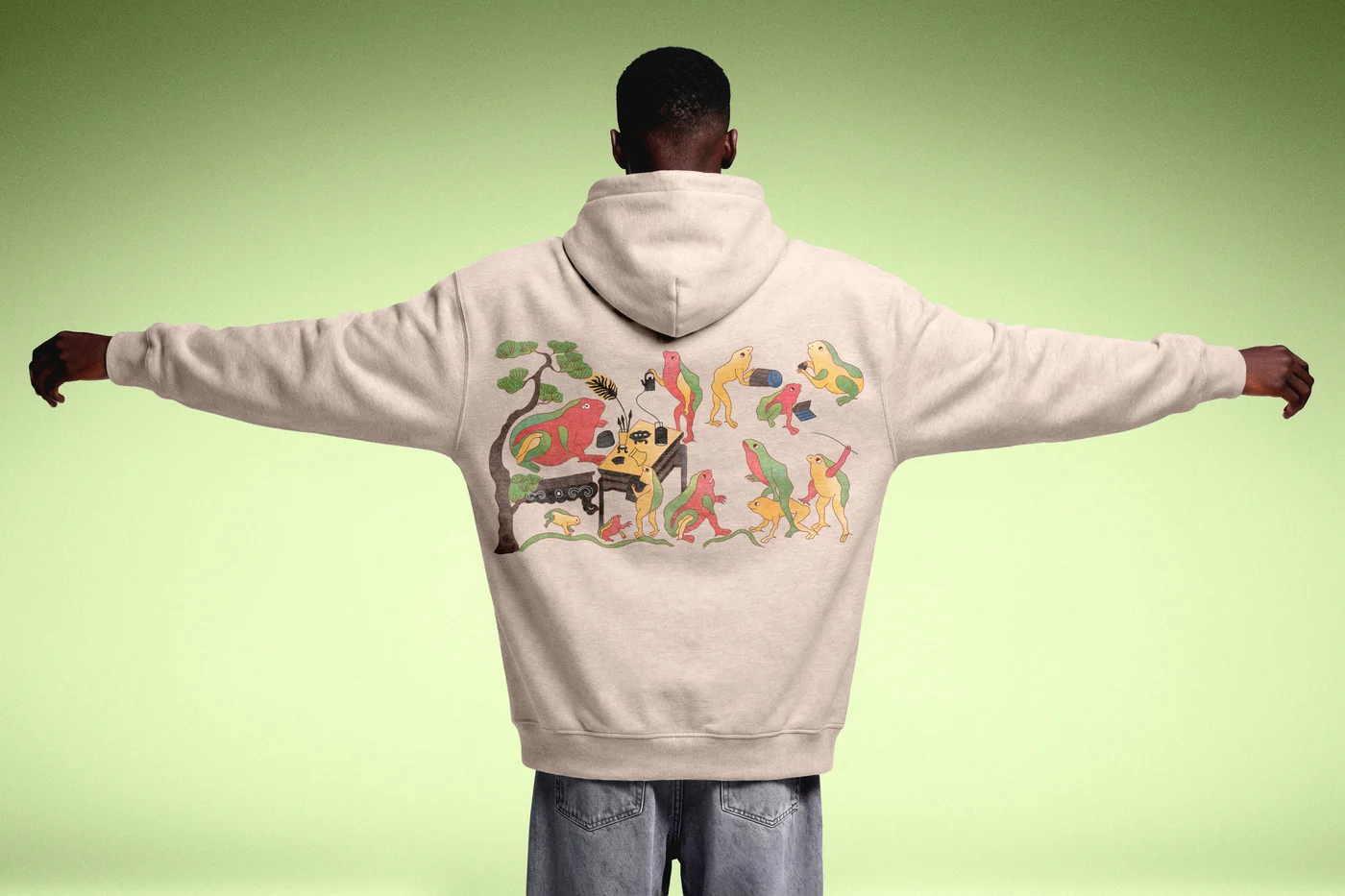 Dark forest green fleece hoodie back print showing Master Frog teaching his students