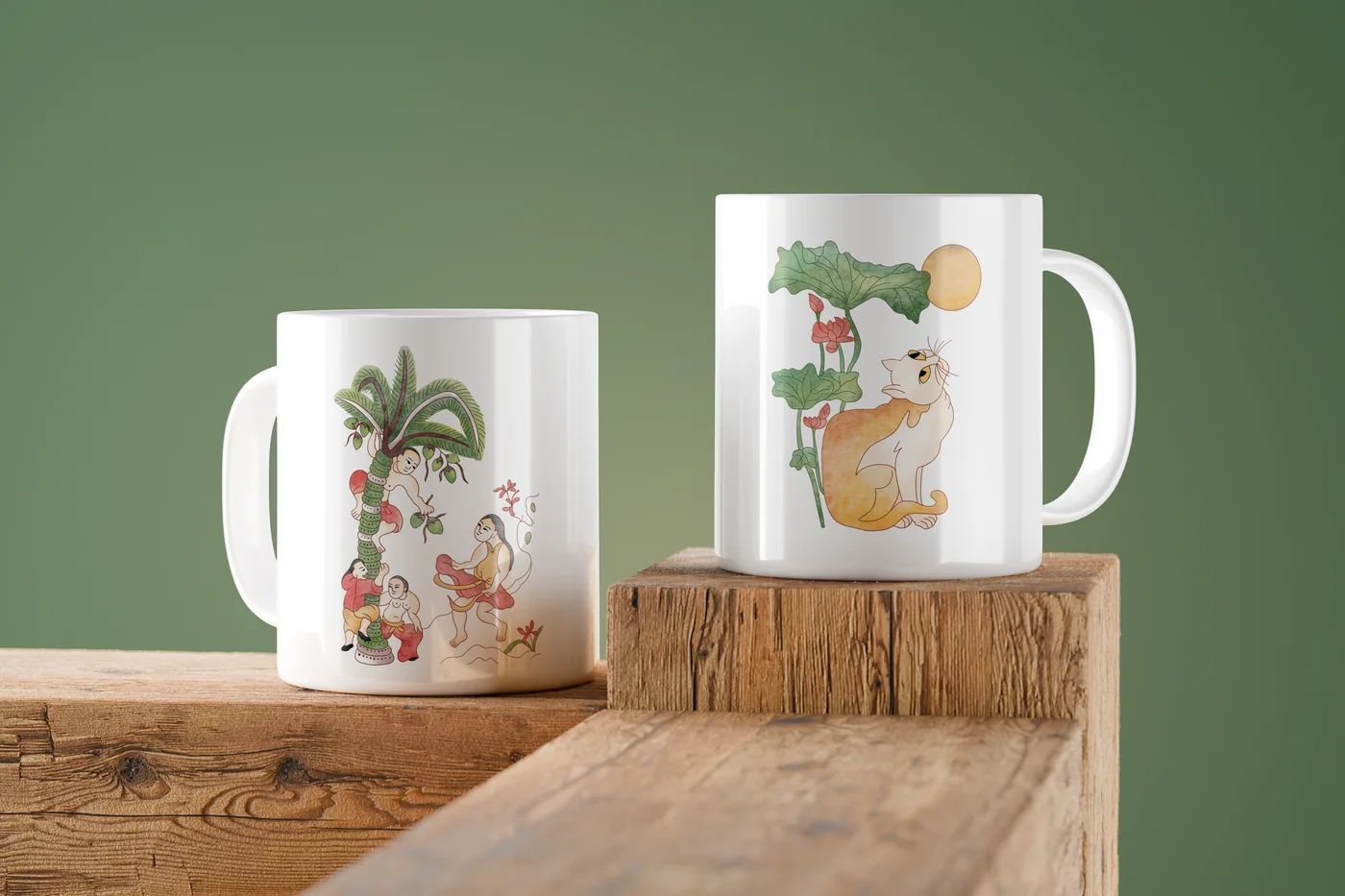 Glazed white ceramic coffee mugs on reclaimed timber block showing Hung Dua and Cat under lotus