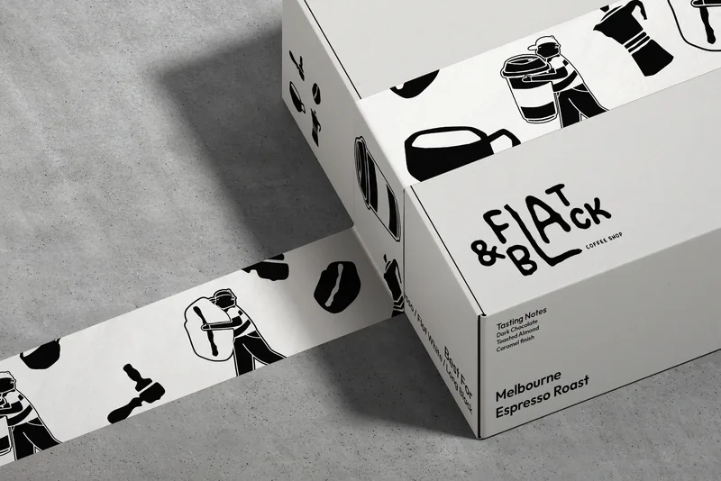 A white shipping box for the espresso roast, sealed with a printed tape of carriers, beans and portafilters marching in a line.