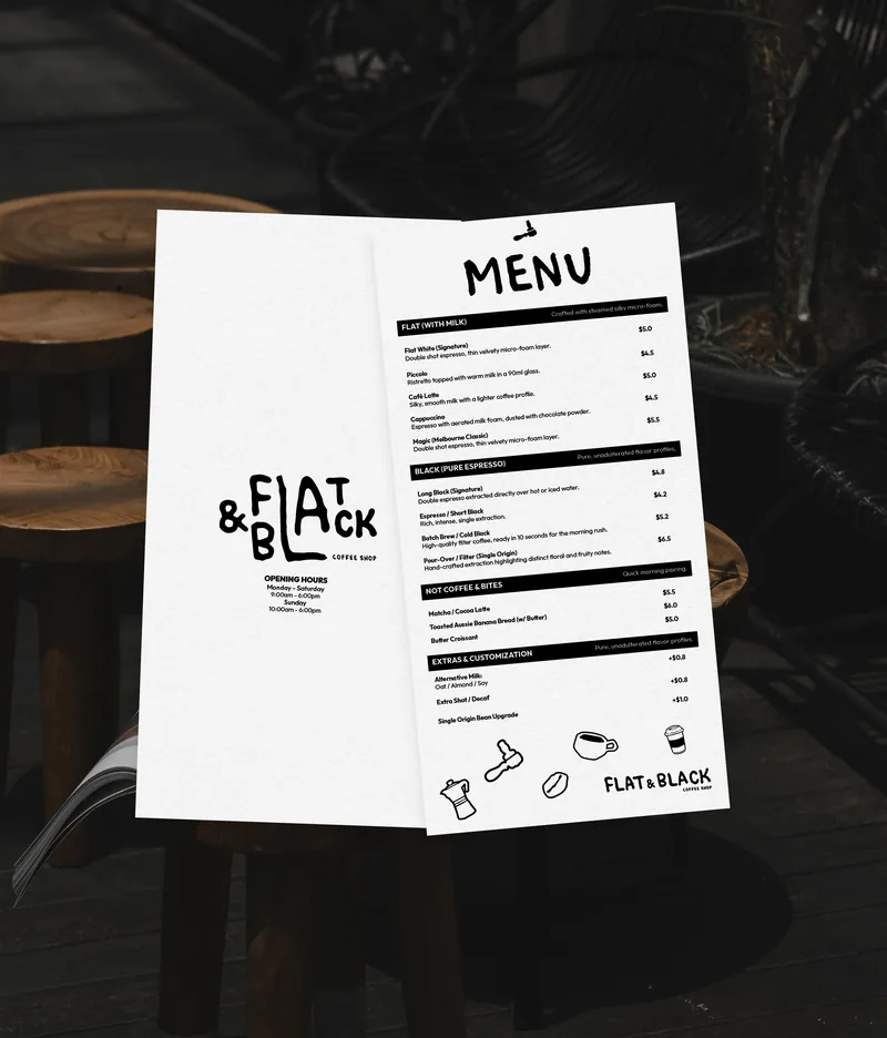 The folded menu: FLAT with milk on one panel, BLACK pure espresso on the next, then not-coffee and extras, with the pictograms drawn along the bottom edge.