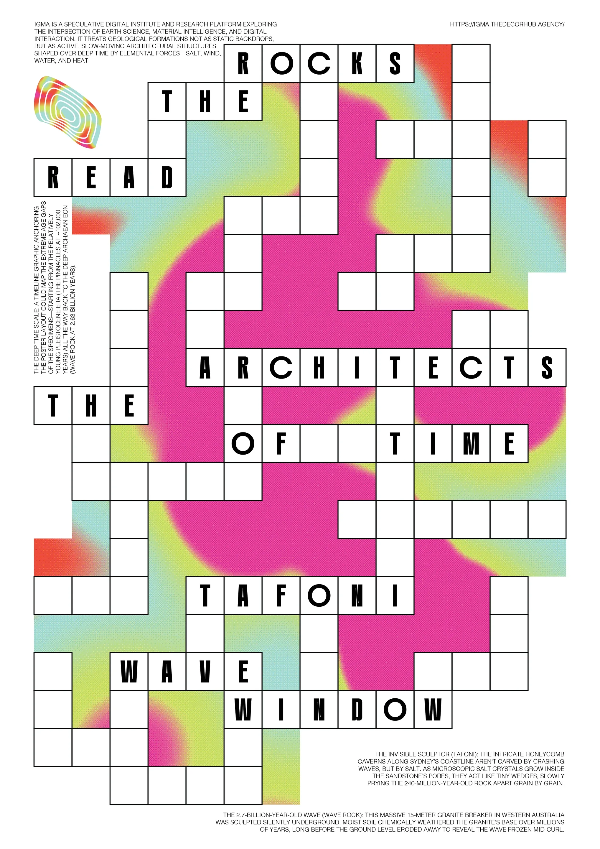 Poster: a crossword of rocks, The architects of time, tafoni, wave, window.