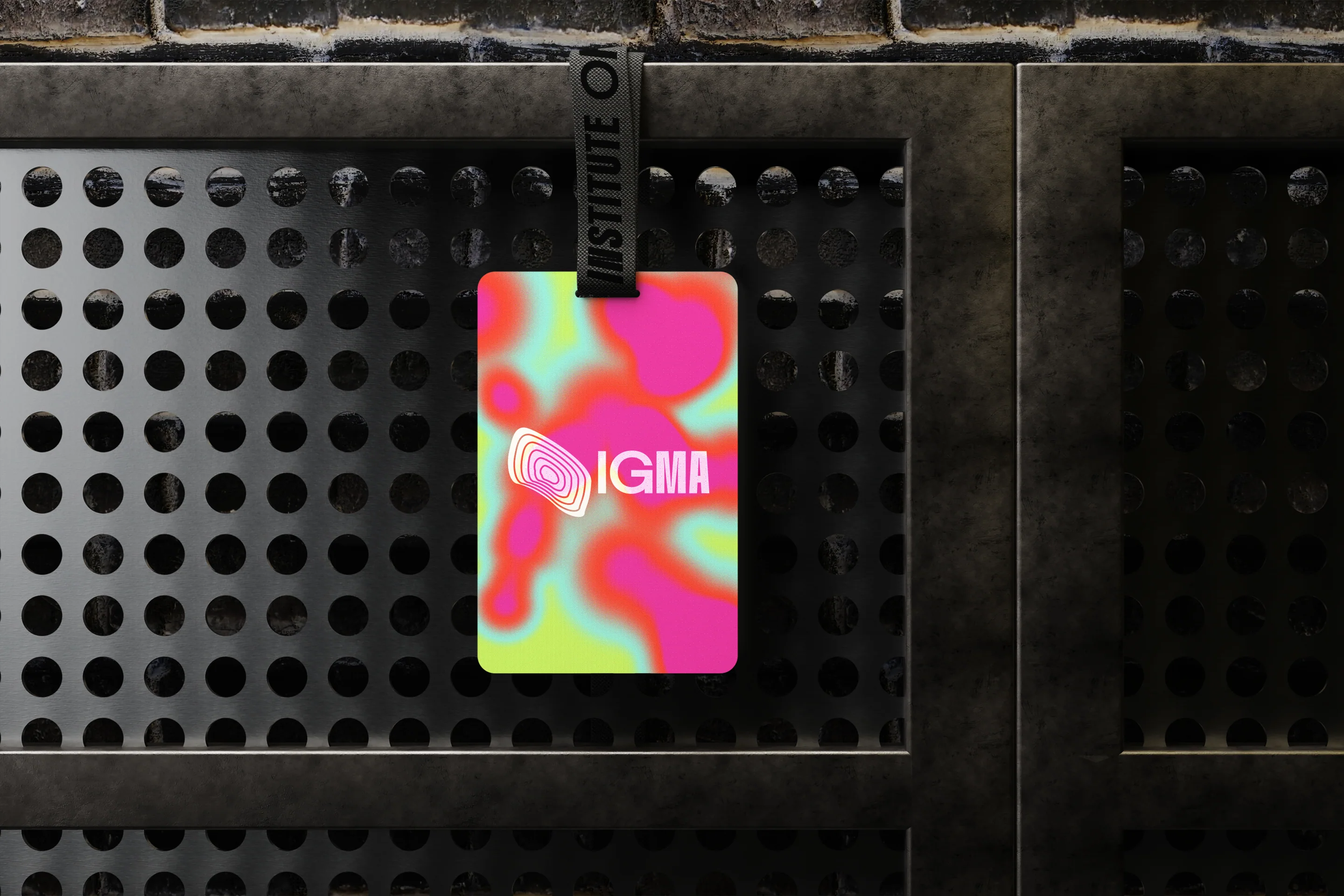 An IGMA field ID card hanging on perforated steel.