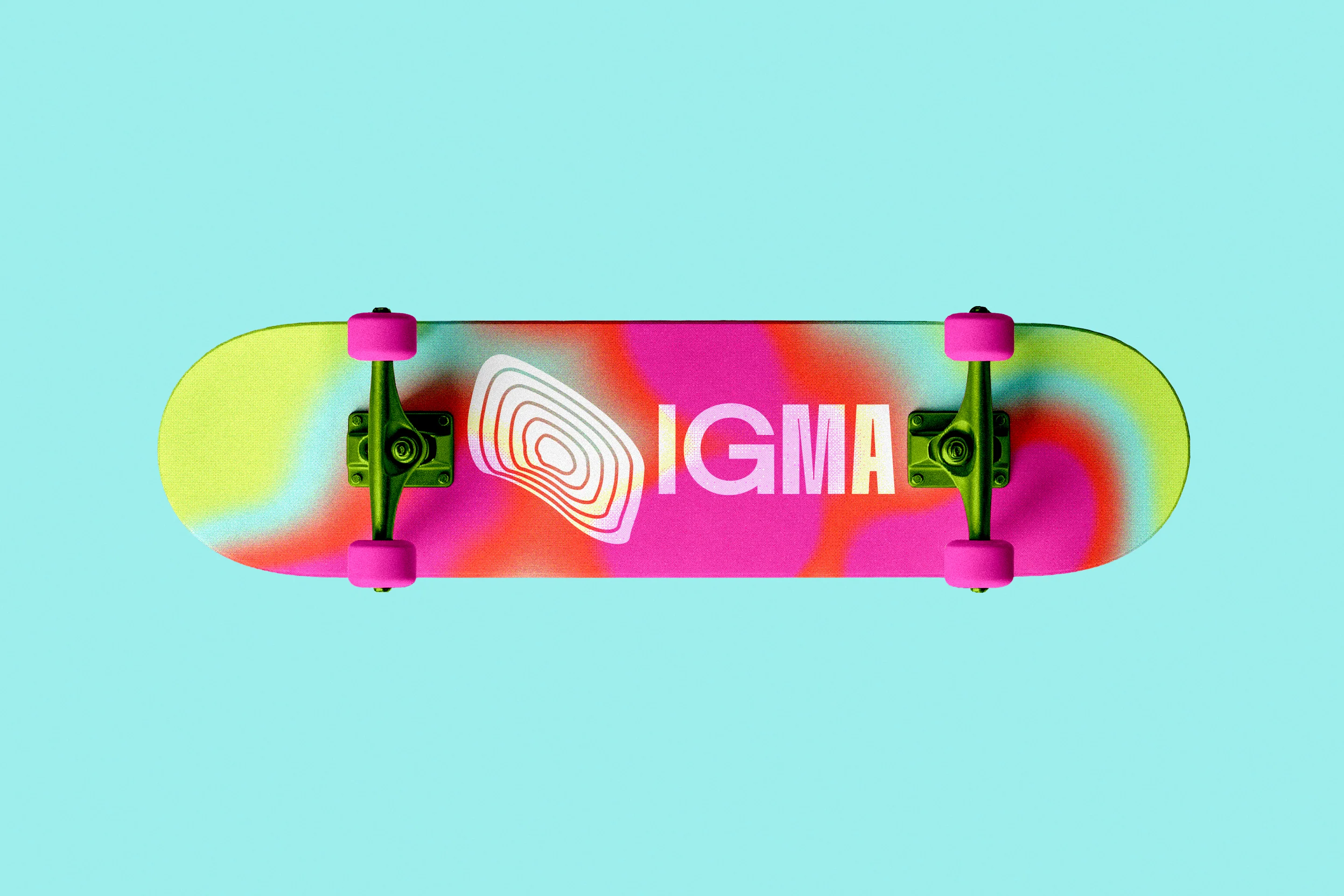 An IGMA skateboard deck on aqua.