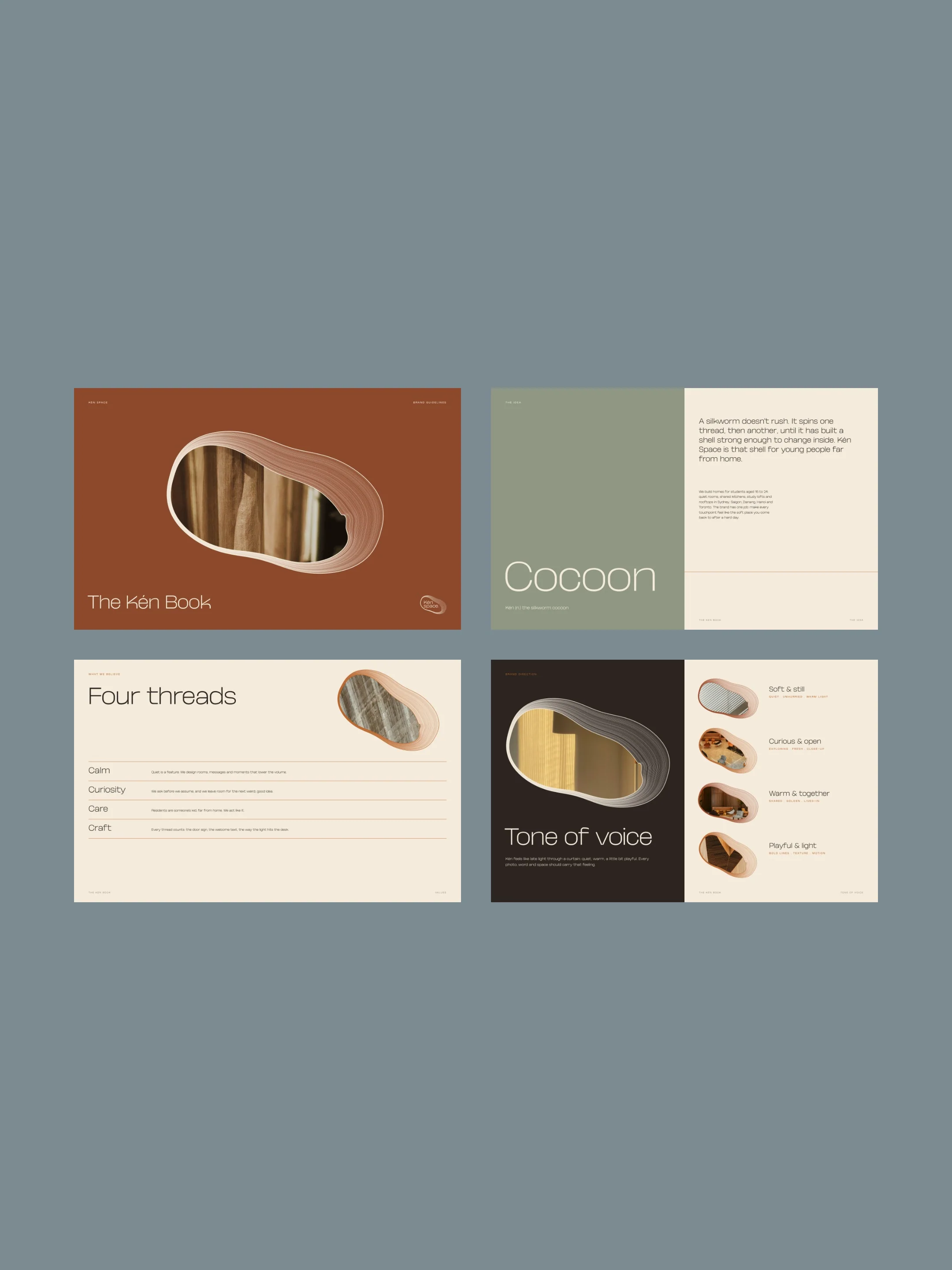 The Ken Book, four spreads on mist blue: cover, cocoon, four threads, tone of voice.