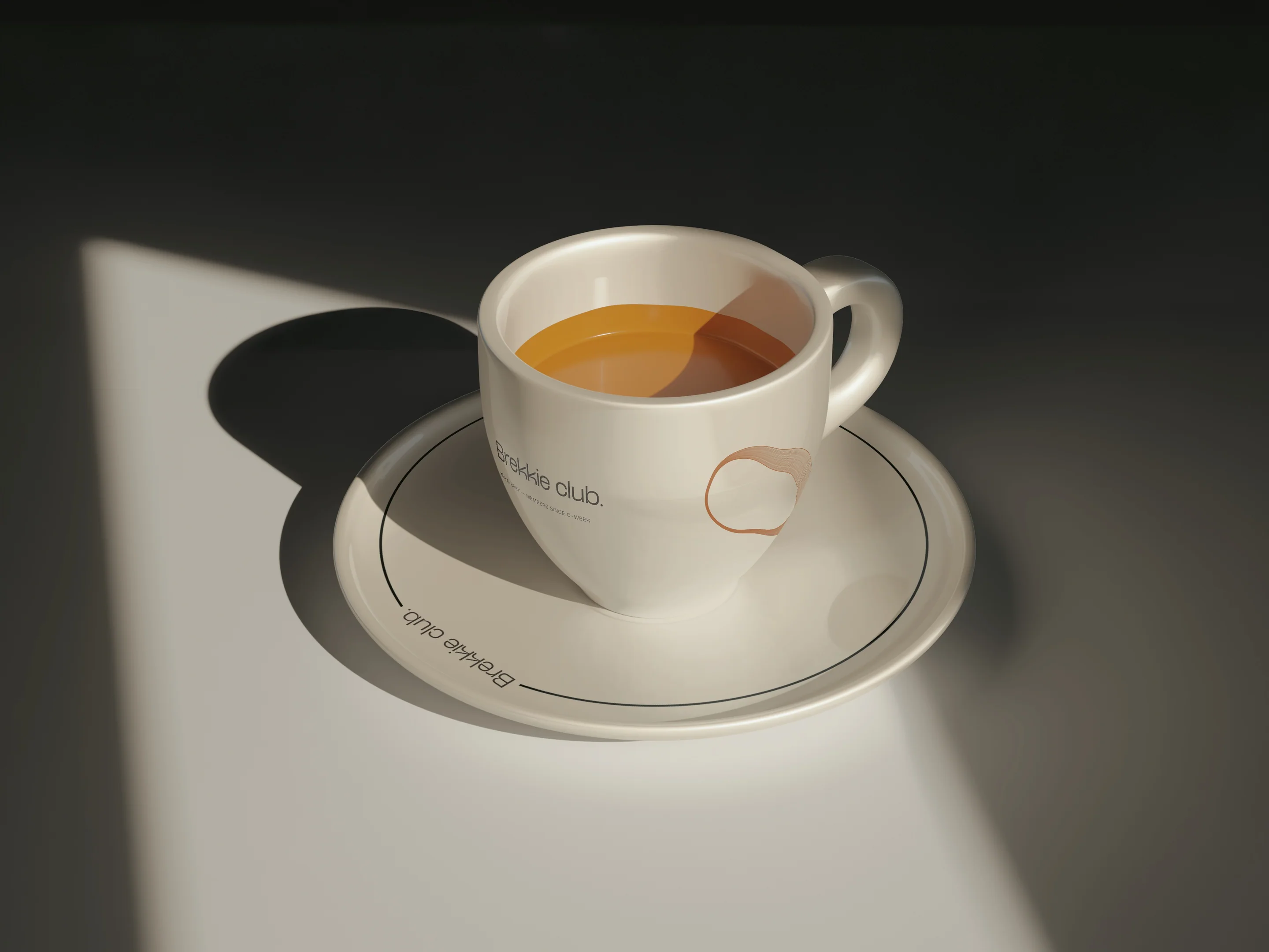A cream mug and saucer in soft afternoon light.