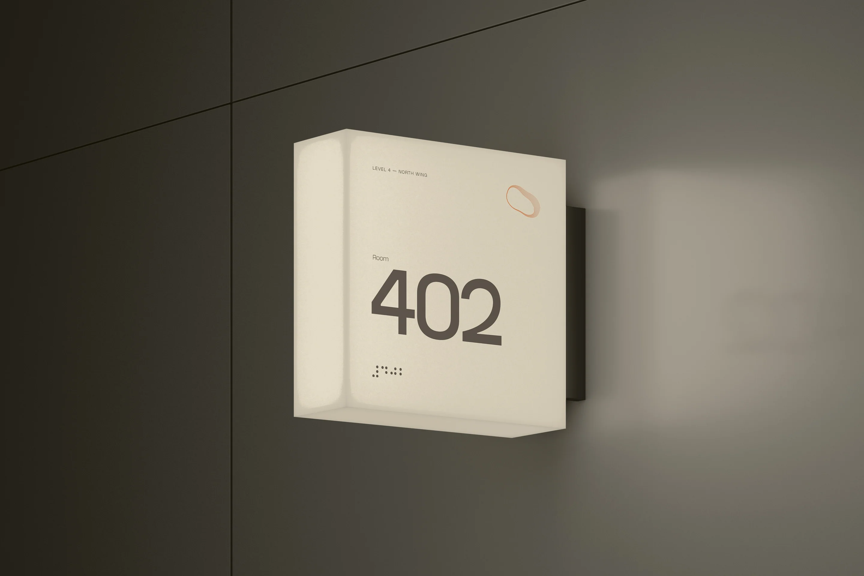 Room sign 402 on a dark corridor wall.