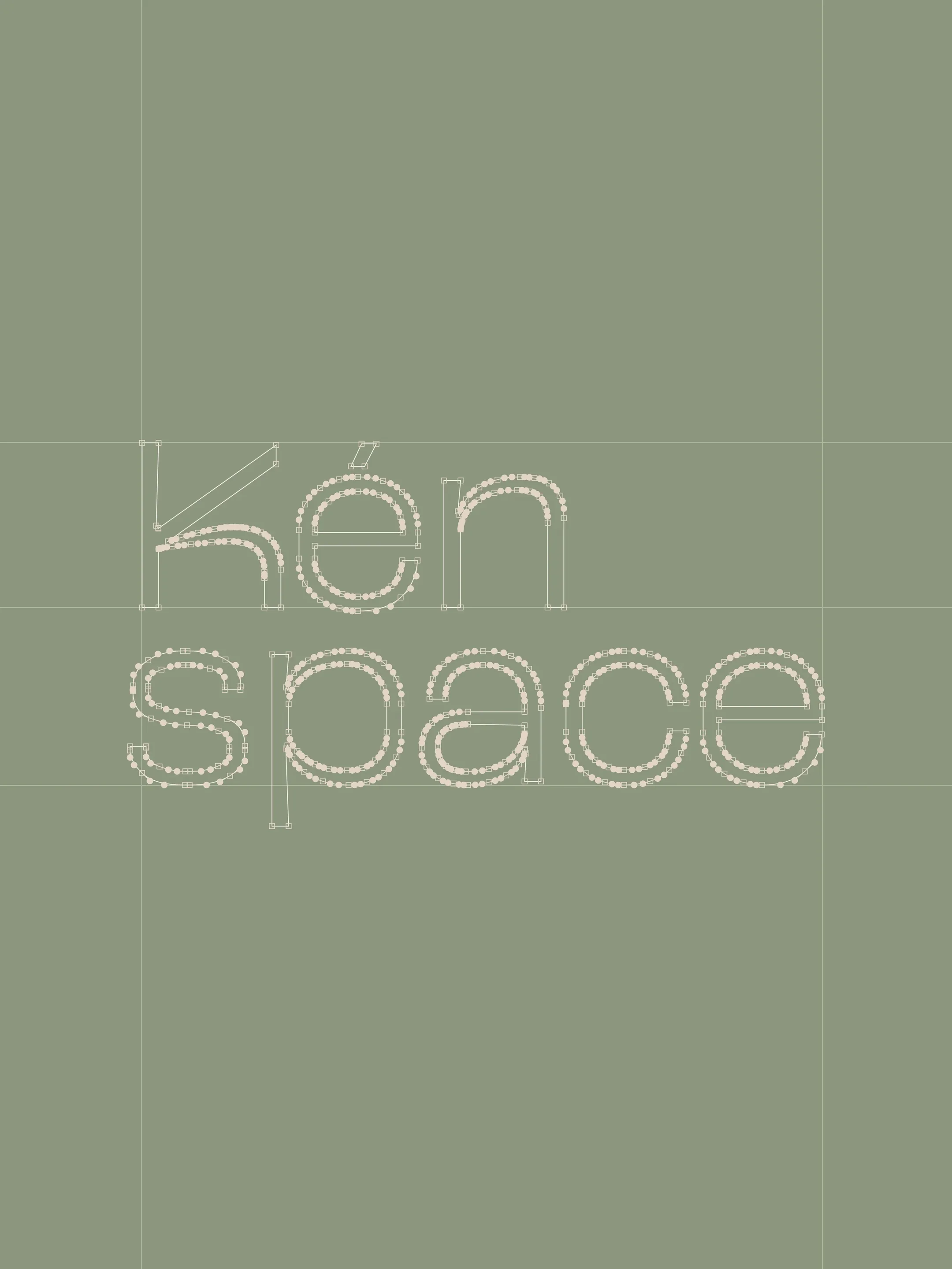 The Ken space wordmark on sage, shown as its construction: thin parallel threads tracing every letter.