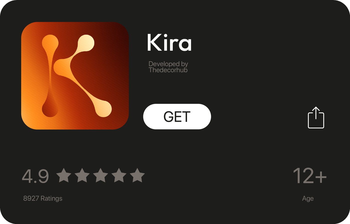 Kira app listing — the node-built K mark on a molten gradient icon