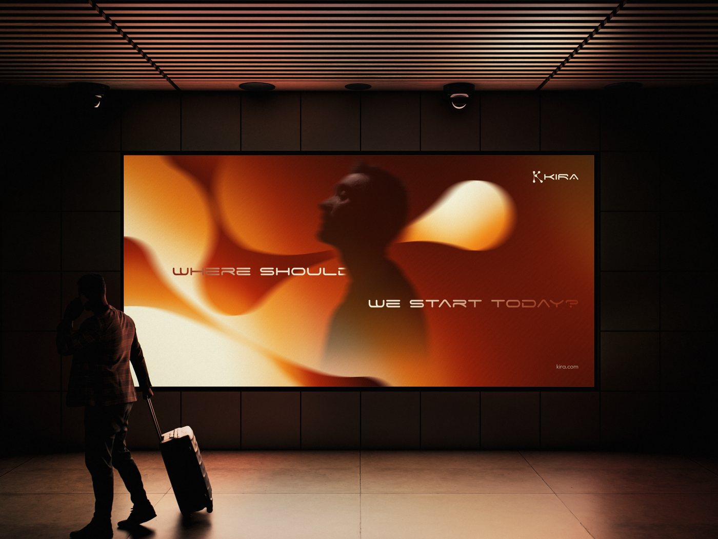 Kira billboard in an airport hall — Where should we start today?, in light