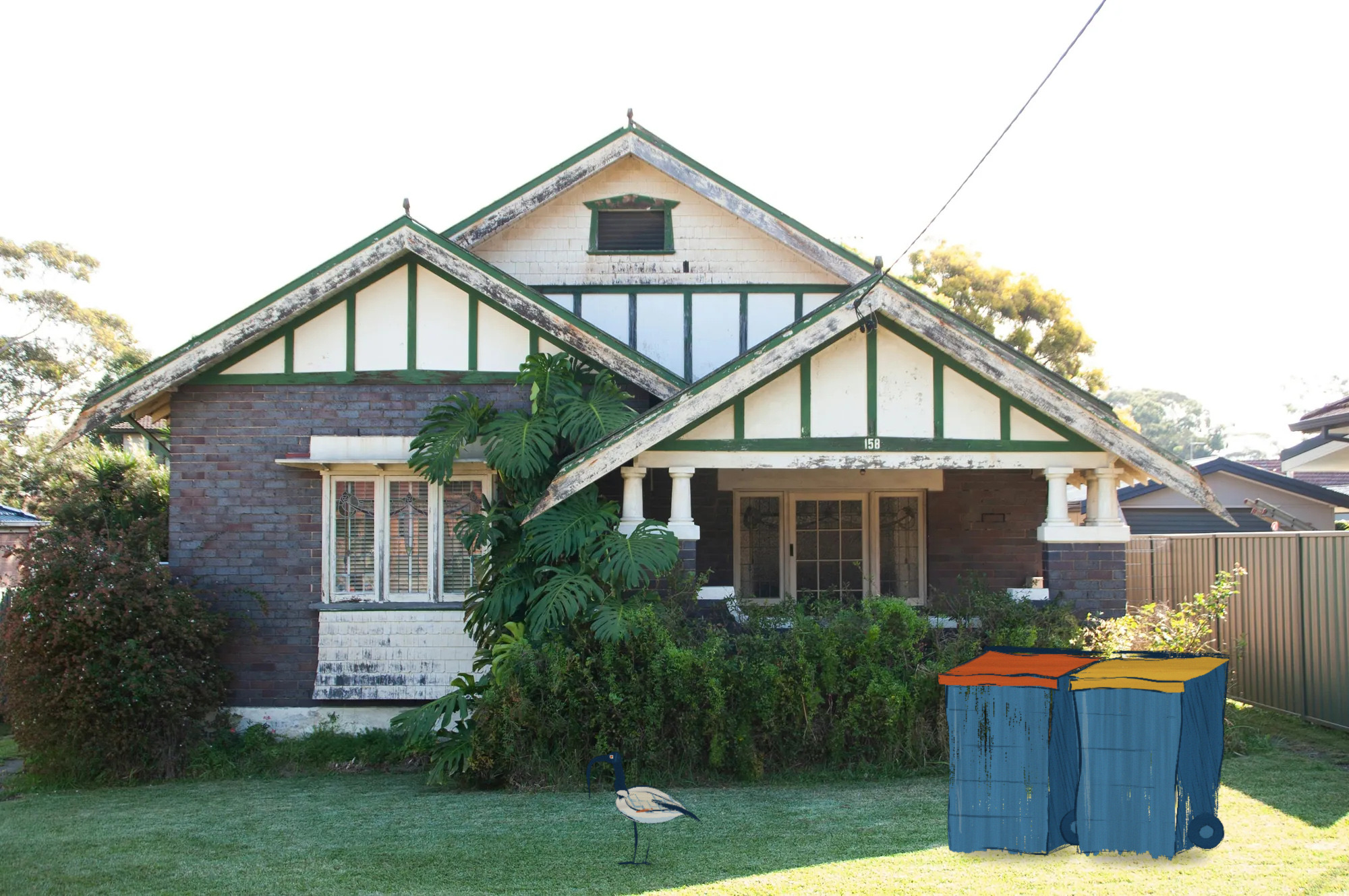 Painted bins and bin chicken on the lawn of a Sydney bungalow