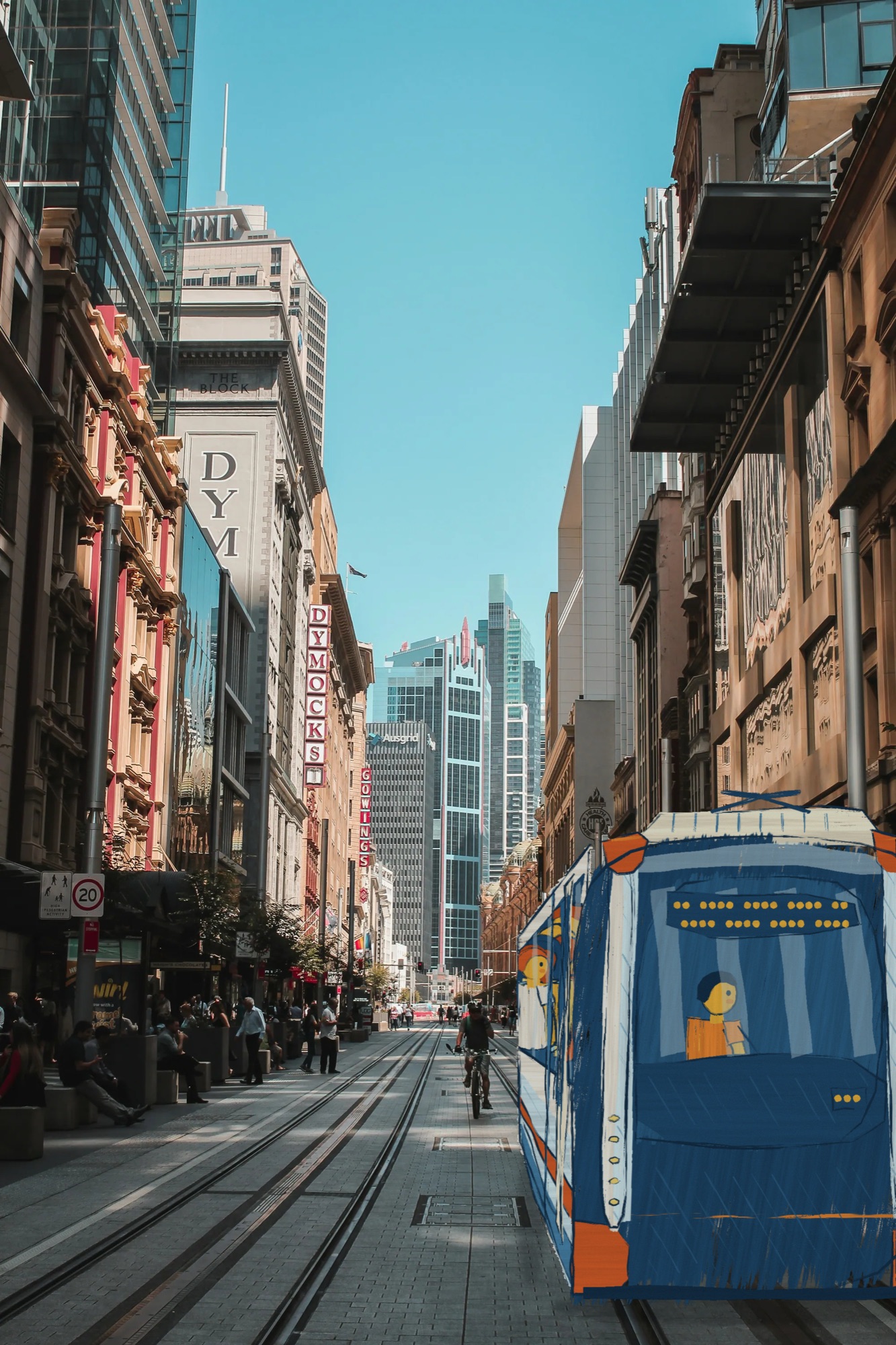 Painted light rail tram in a real Sydney city laneway