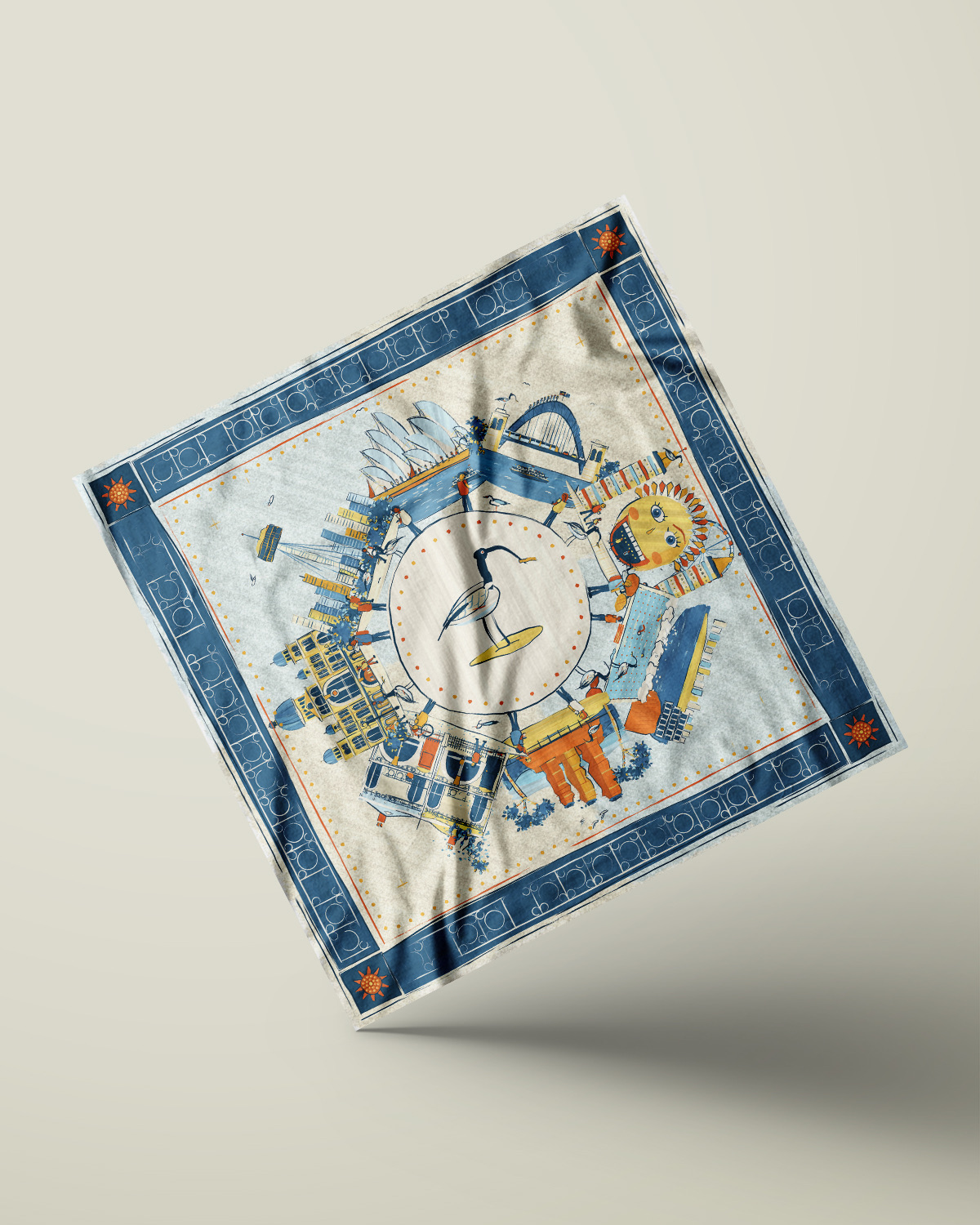 Printed bandana with a navy border and Sydney harbour scenes