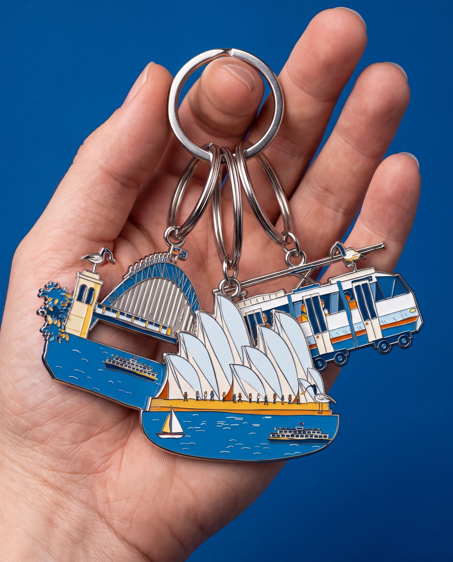 Hand holding enamel keyrings of the Opera House, Harbour Bridge and Sydney light rail