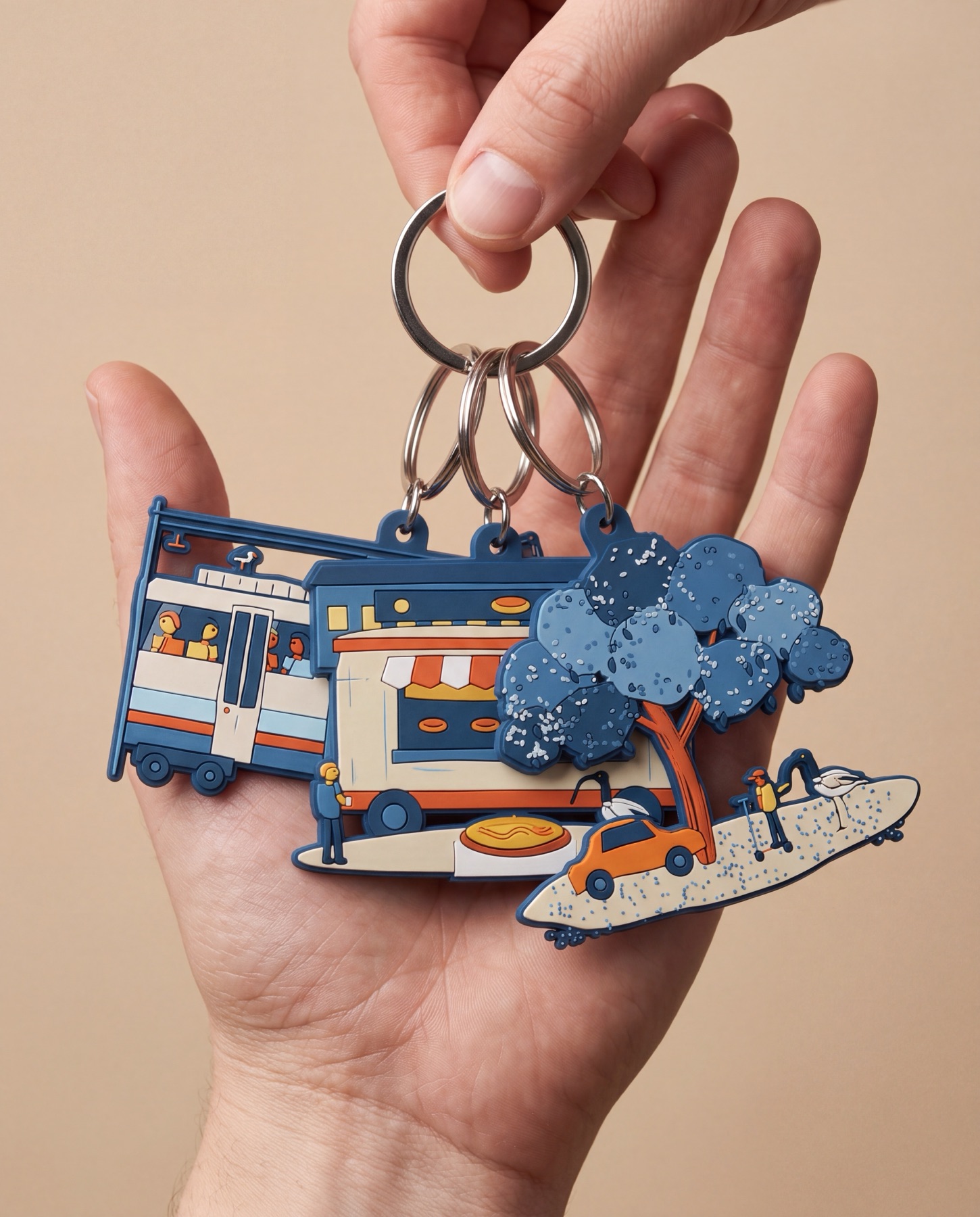 Hand holding enamel keyrings of a terrace, a double decker, a jacaranda and a surfboard
