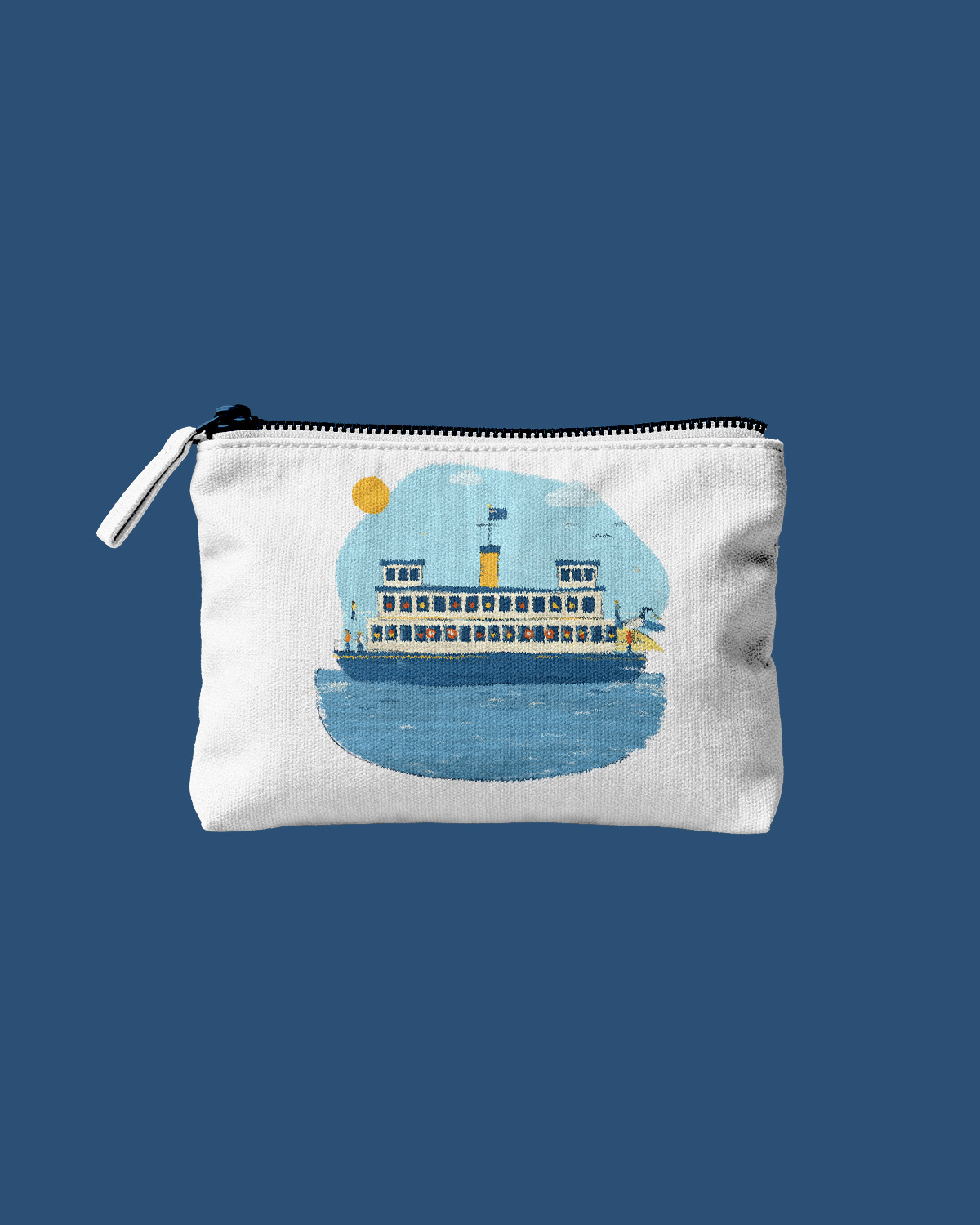 White zip pouch printed with the Manly ferry on a navy background