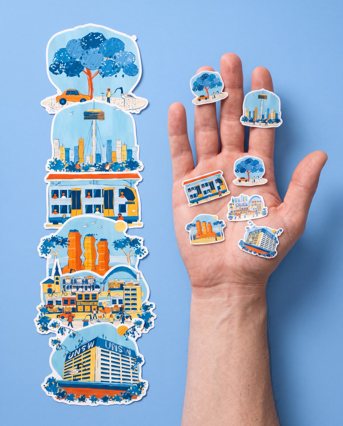 A stacked strip of die-cut Sydney stickers beside a palm of small stickers