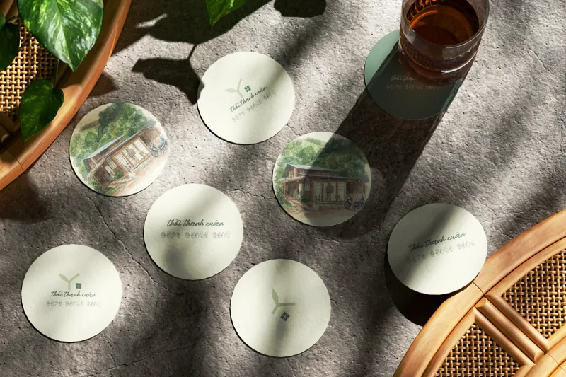 Round coasters on linen in sunlight, watercolour house and sprout mark