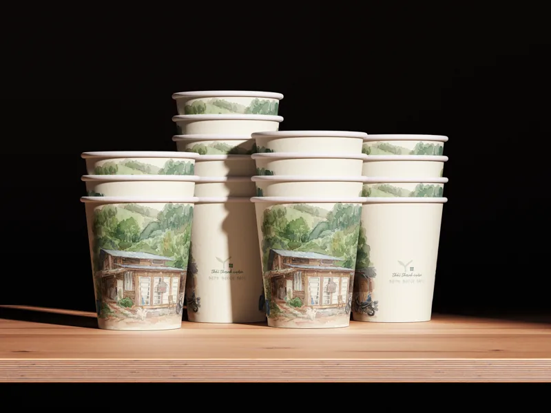 Paper cups wrapped in the watercolour painting of the timber house, stacked on a wooden shelf