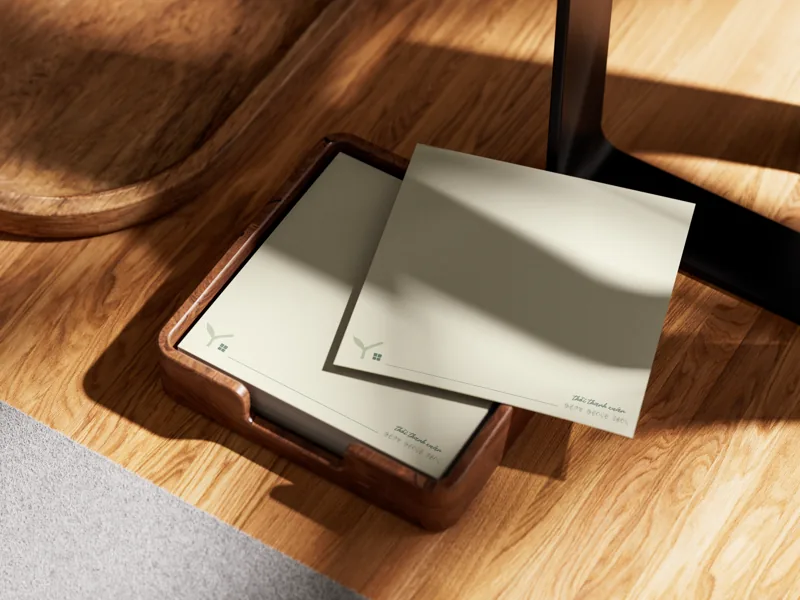 Cream note paper in a wooden cube holder, the sprout mark in the corner