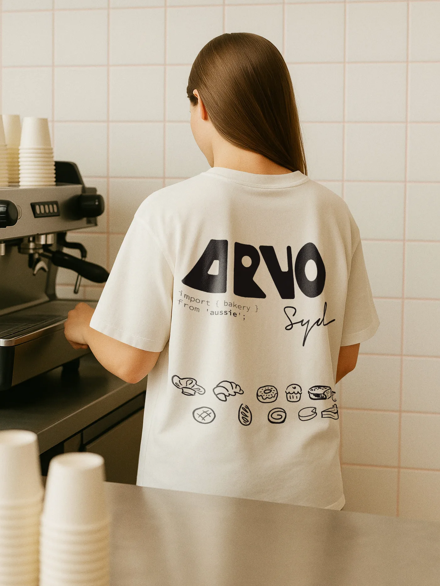Arvo barista t-shirt mockup in coffee shop.