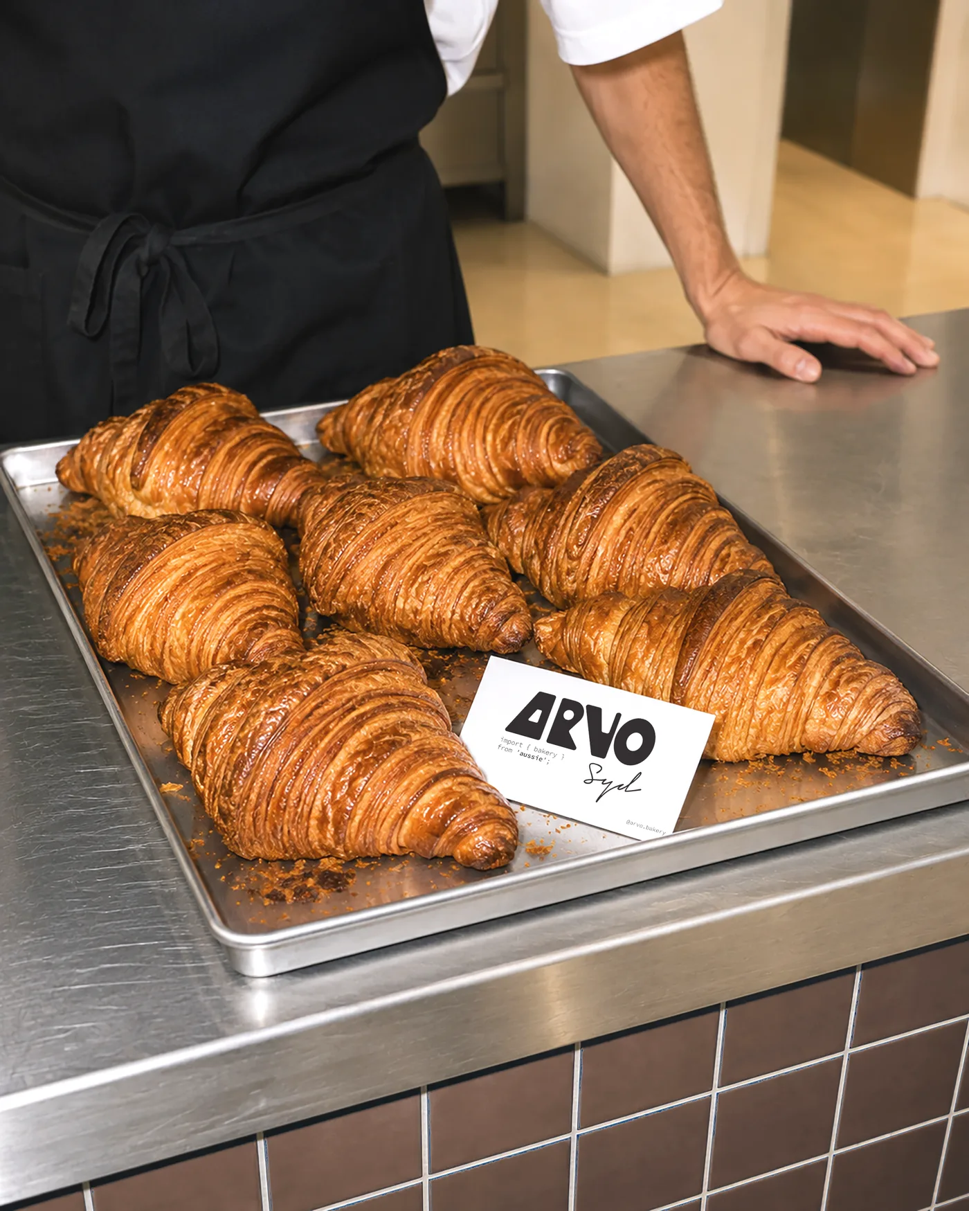 Arvo fresh croissants on tray.