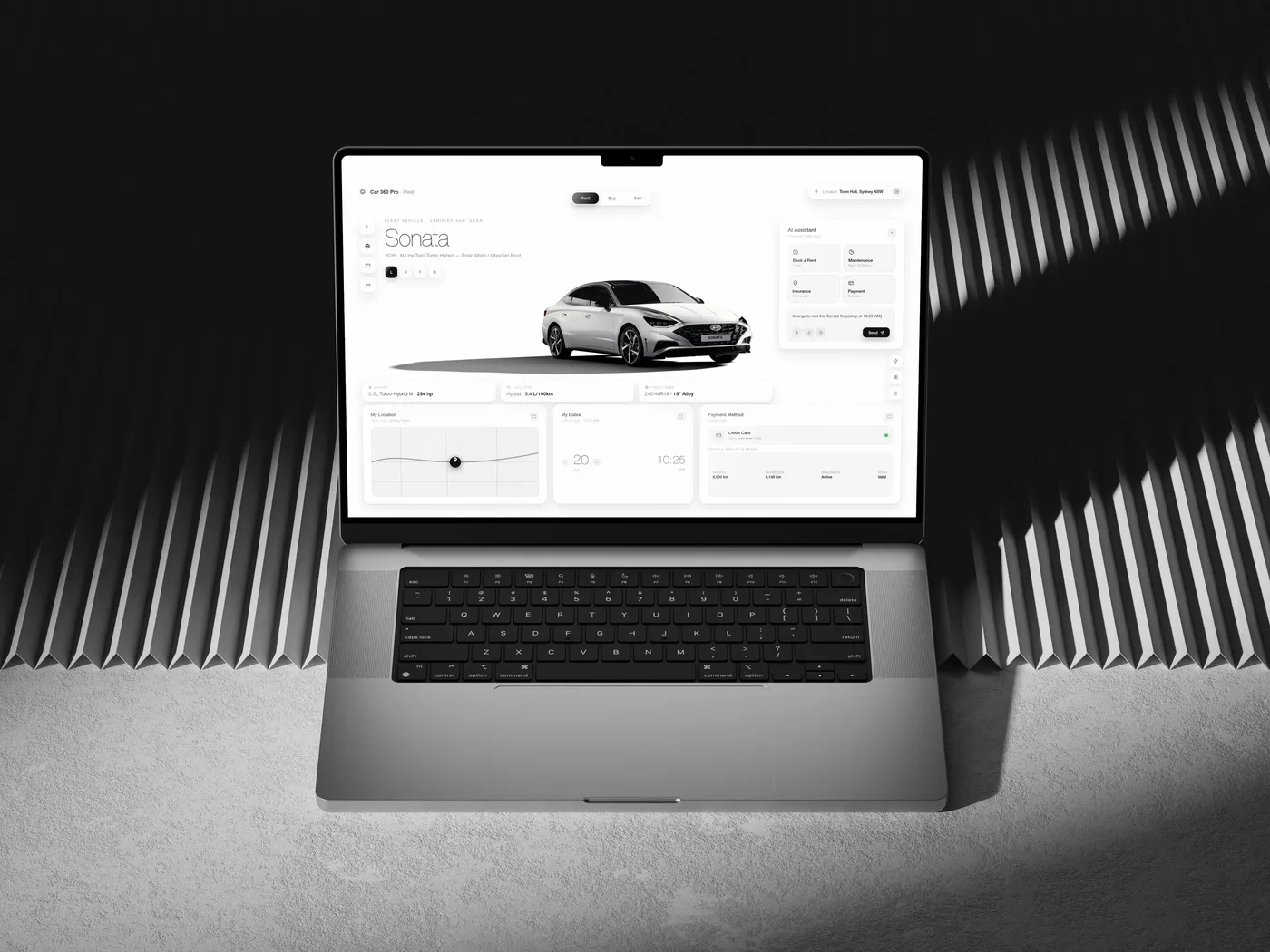 Car 360 Pro full photo laptop render showing Sonata car dashboard and keyboard.